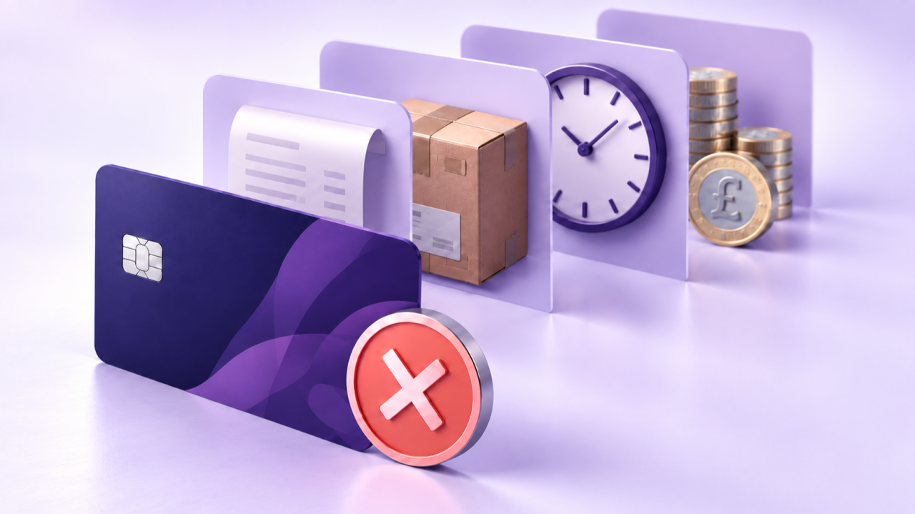 A card-payment dispute surrounded by paperwork, a delivery parcel, a clock and pound coins, illustrating the hidden costs of a chargeback