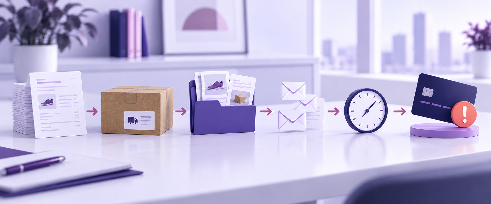 Order records, a parcel, evidence files, messages and a clock showing the administrative work involved in responding to a chargeback