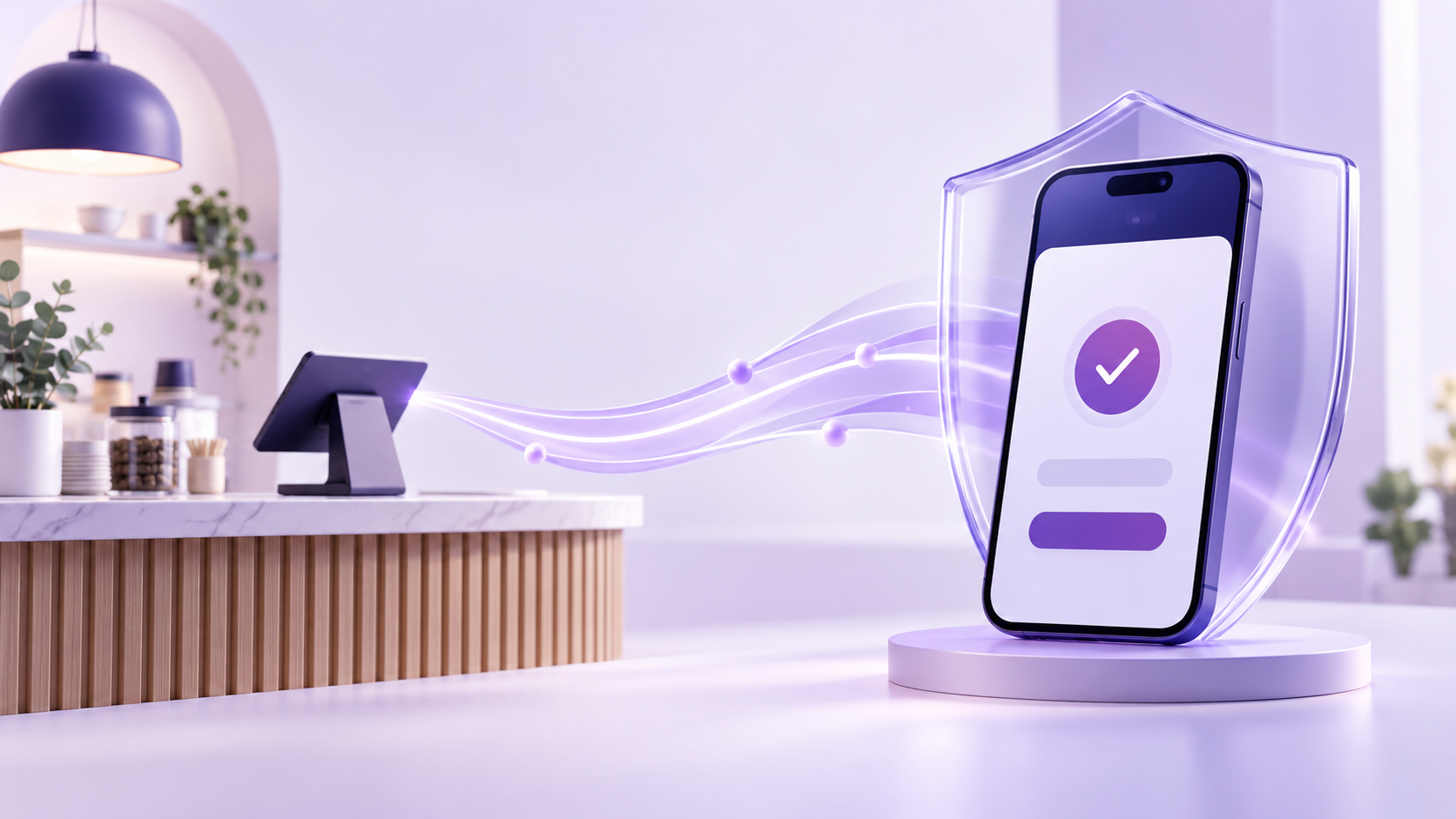 A smartphone approving a secure Pay by Bank payment, protected by a translucent shield